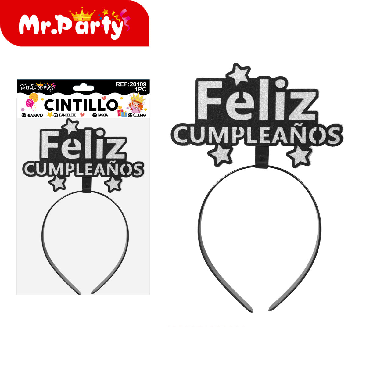 Cintillo Feliz Cumpleaños Mr. Party 🎉👑 | Diadema de Fiesta con Letras y Brillos (Varios Modelos)- Mayoreo 12 pzas