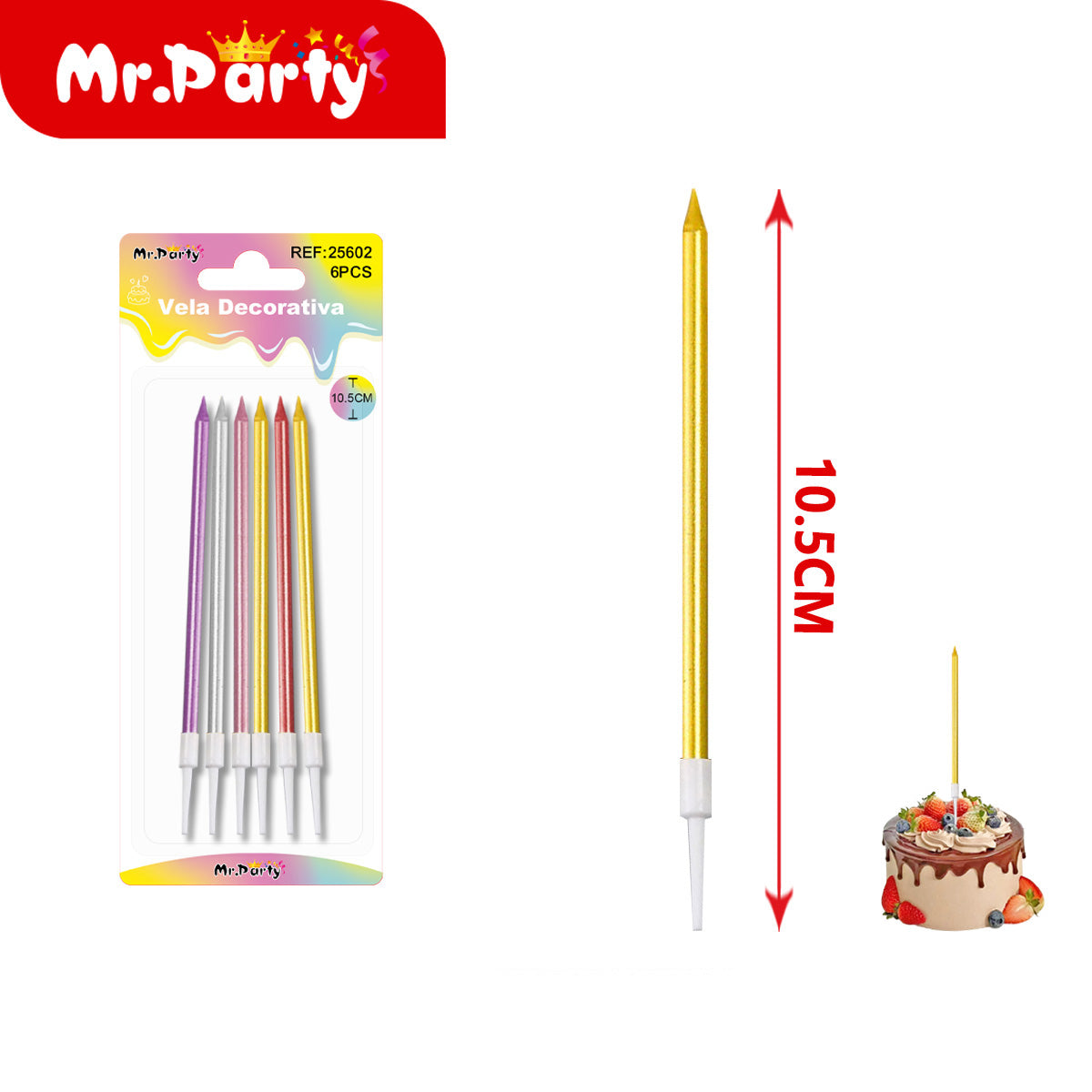 🎂 Velas Decorativas Largas Metálicas para Pastel 6 Piezas