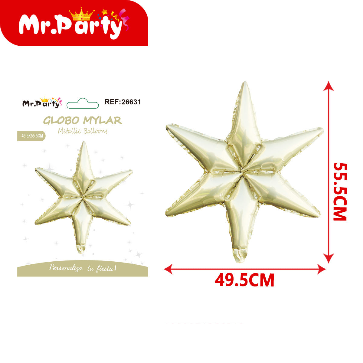 ⭐ Globo Mylar Estrella 6 Puntas 55.5 cm x 49.5cm – 12 pzas -Dorado, Champagne y Plata