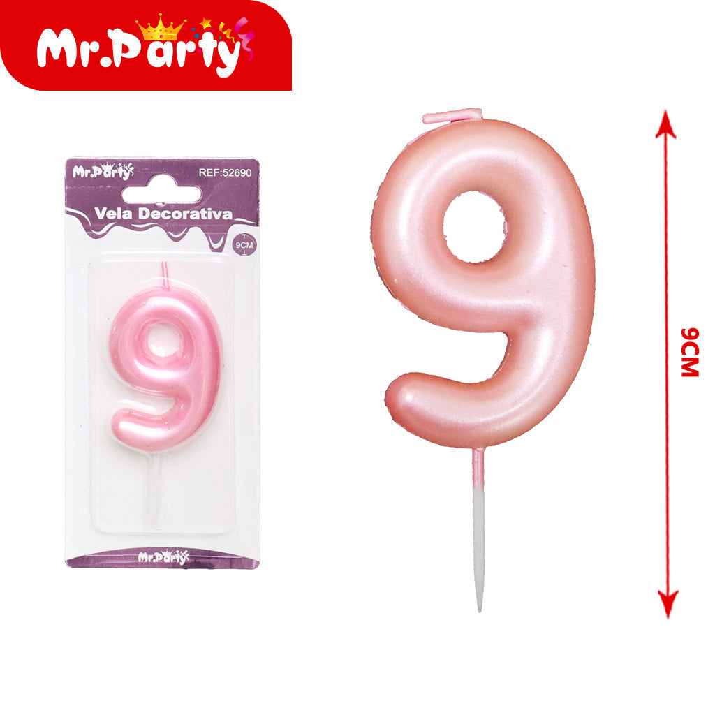 Vela de 9 números en forma de palo de plástico color rosa be (12paquetes)
