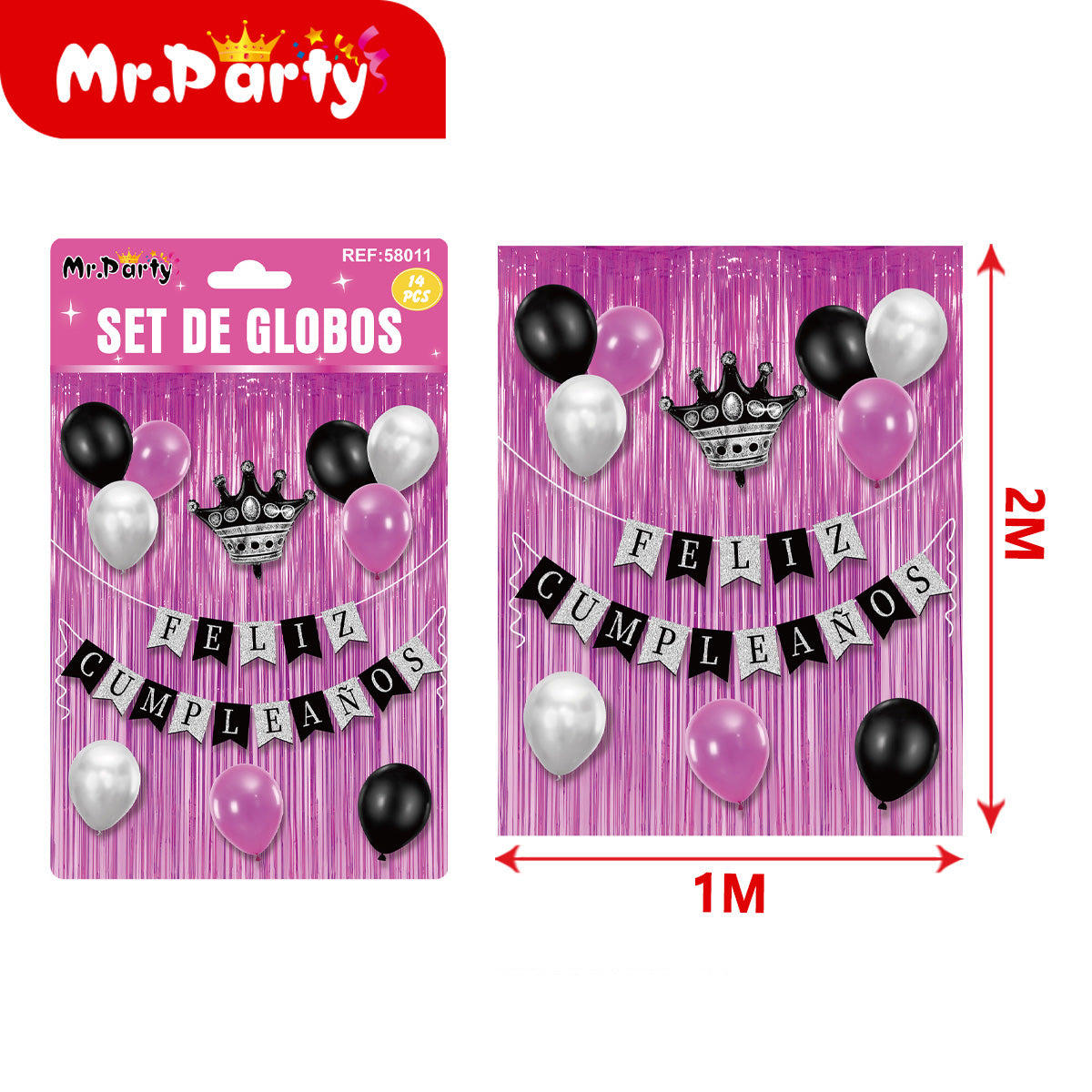 Kit Decoración Cumpleaños 🎉 | Cortina Metálica 2x1m + Globos + Banner “Feliz Cumpleaños” (Varios Colores)