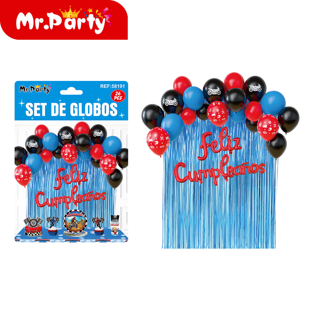 Kit Decoración de Cumpleaños con Globos + Cortina Metalizada + “Feliz Cumpleaños” | Set de Globos Mr. Party- Mayoreo 6 pzas