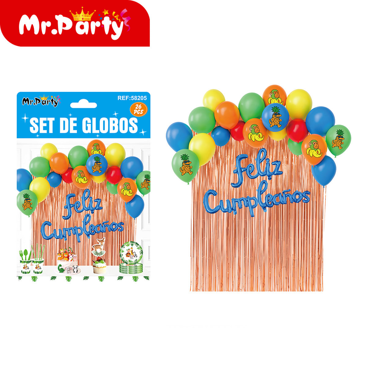 Kit Decoración de Cumpleaños con Globos + Cortina Metalizada + “Feliz Cumpleaños” | Set de Globos Mr. Party V2- 6pzas mayoreo
