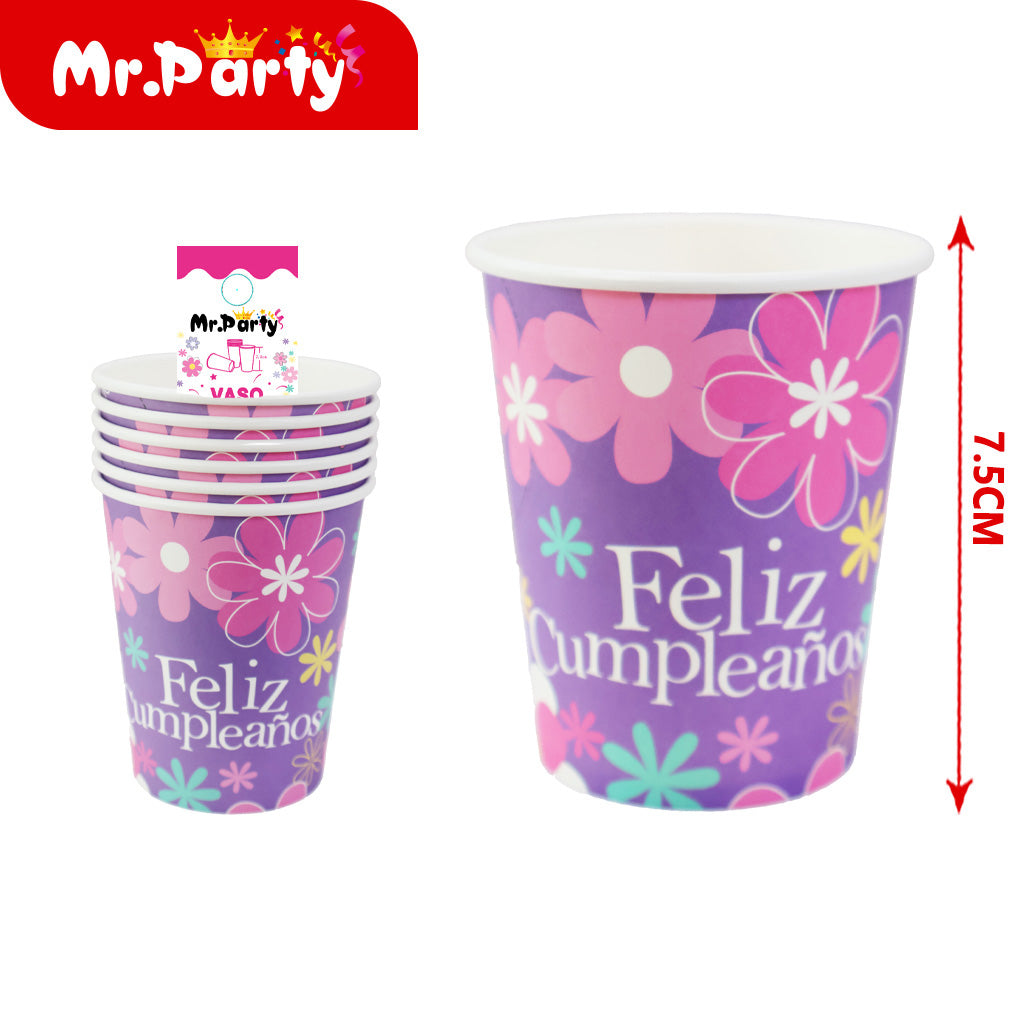 Vasos de papel con flores t105ds con texto en español "feliz (12paquetes)