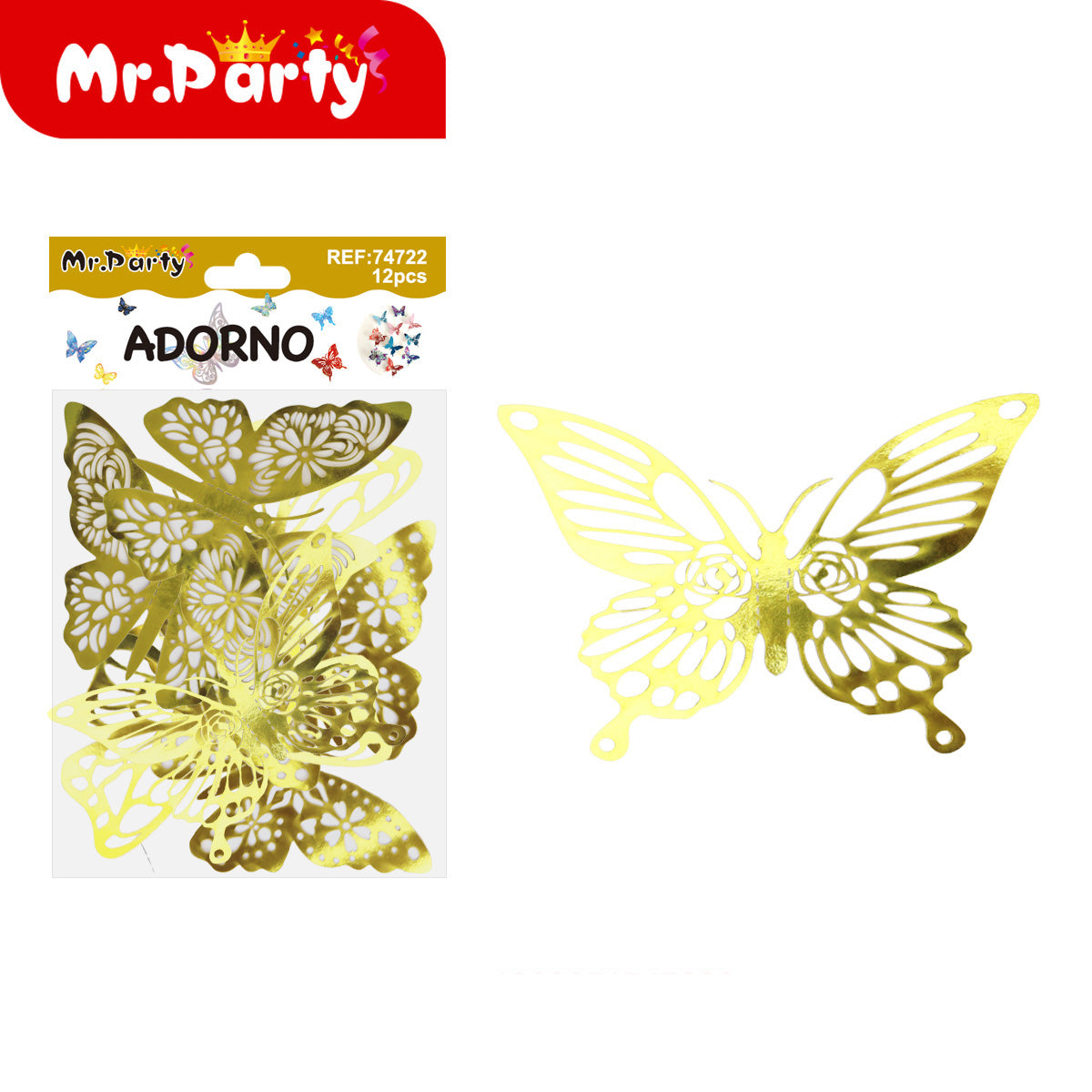 🦋✨ Adornos de Mariposa Tornasol con Detalle Dorado (Set 12 pzas) | Decoración para Fiesta - Mayoreo 12pzas