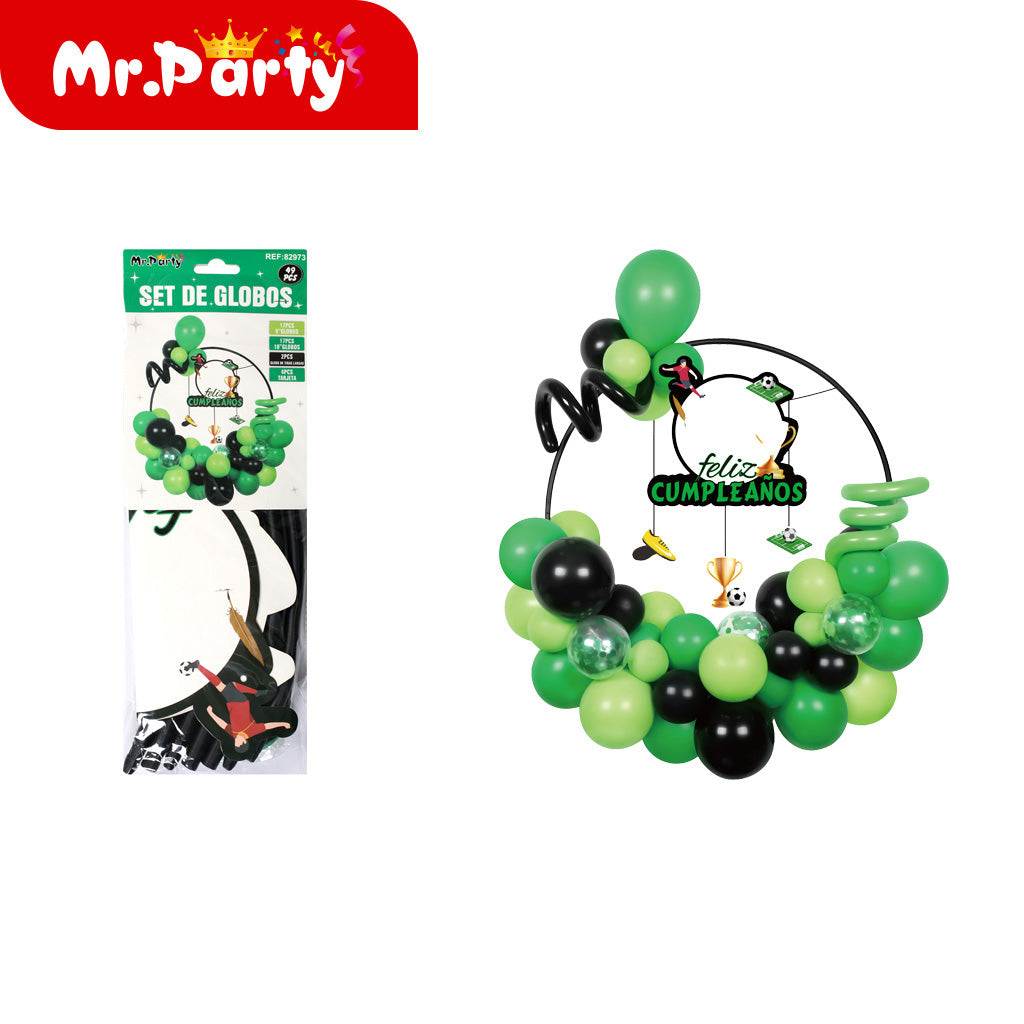 🏆⚽ Set de Globos Fútbol Mr. Party | Trofeo Campeón #1 + Balón + Arco “Feliz Cumpleaños” 🎈💚🖤✨