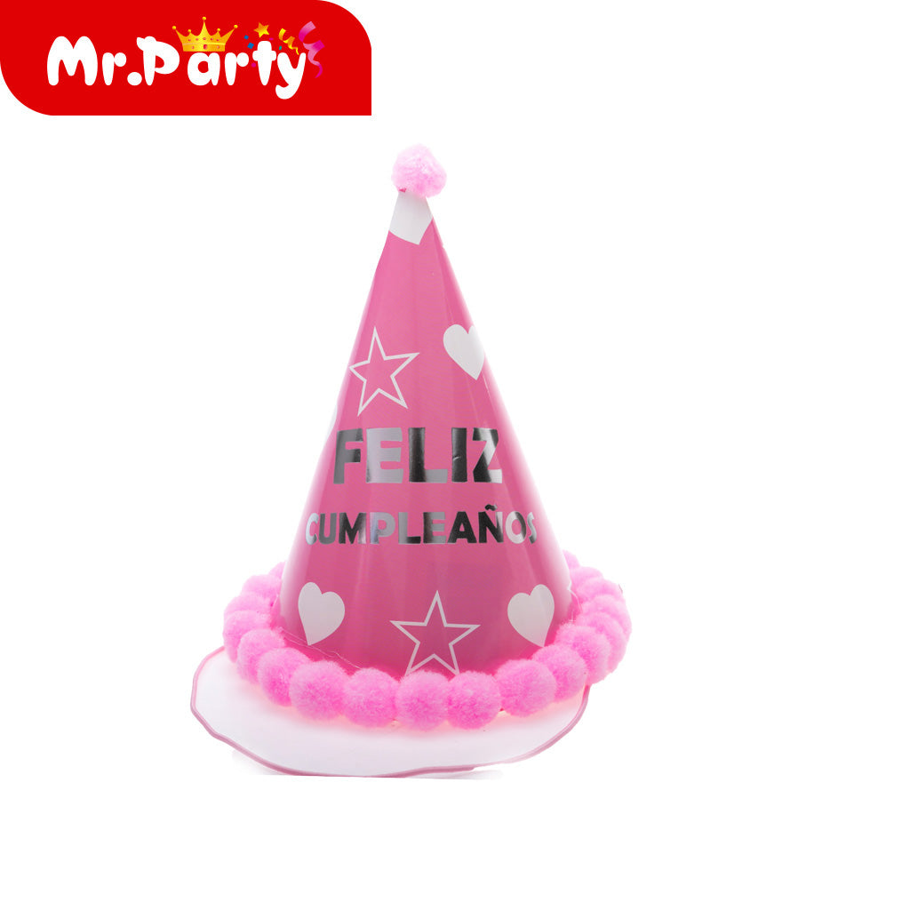 🎉 Gorro Cono “Feliz Cumpleaños” con Pompones ✨ Sombrero Fiesta 17cm (Varios Colores)