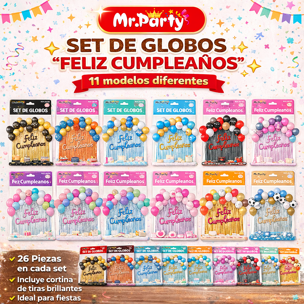 Kit Decoración de Cumpleaños con Globos + Cortina Metalizada + “Feliz Cumpleaños” | Set de Globos Mr. Party V2