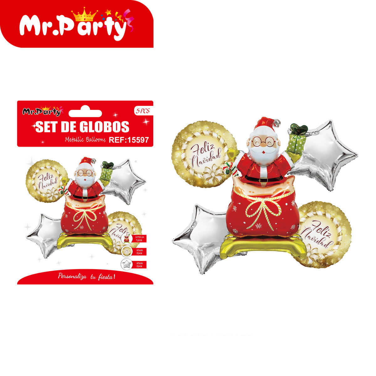 🎄 Set de Globos Metálicos Navideños 5 pzs Mr. Party – Santa, Reno y Dulces