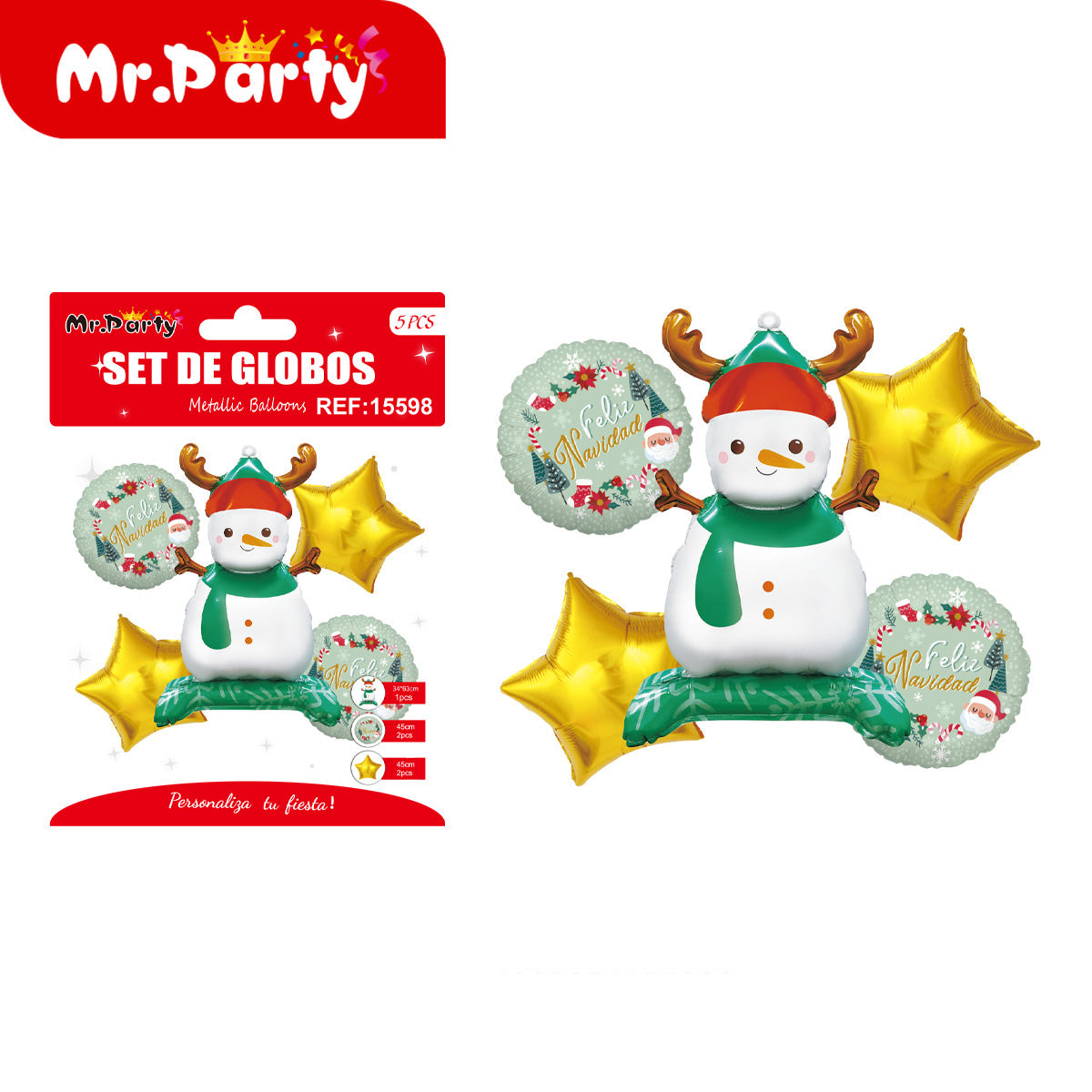 🎄 Set de Globos Metálicos Navideños 5 pzs Mr. Party – Santa, Reno y Dulces