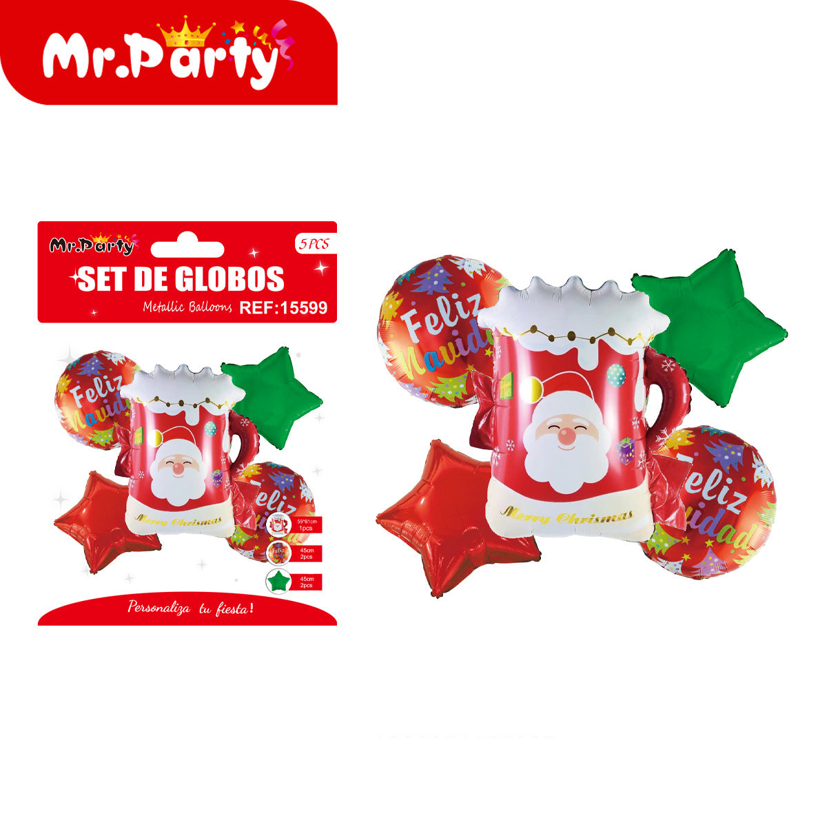 🎄 Set de Globos Metálicos Navideños 5 pzs Mr. Party – Santa, Reno y Dulces
