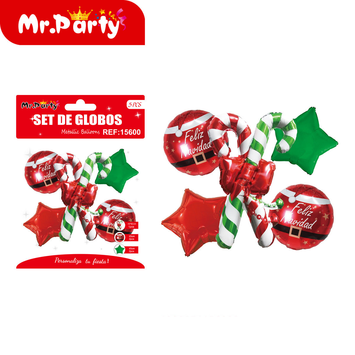 🎄 Set de Globos Metálicos Navideños 5 pzs Mr. Party – Santa, Reno y Dulces