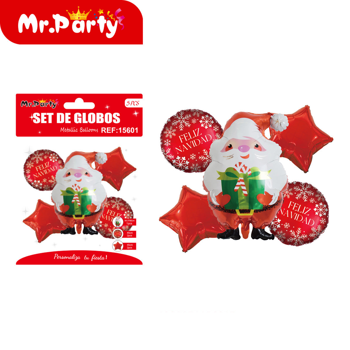 🎄 Set de Globos Metálicos Navideños 5 pzs Mr. Party – Santa, Reno y Dulces
