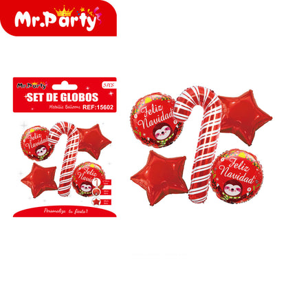 🎄 Set de Globos Metálicos Navideños 5 pzs Mr. Party  Mayoreo 12pzas– Santa, Reno y Dulces
