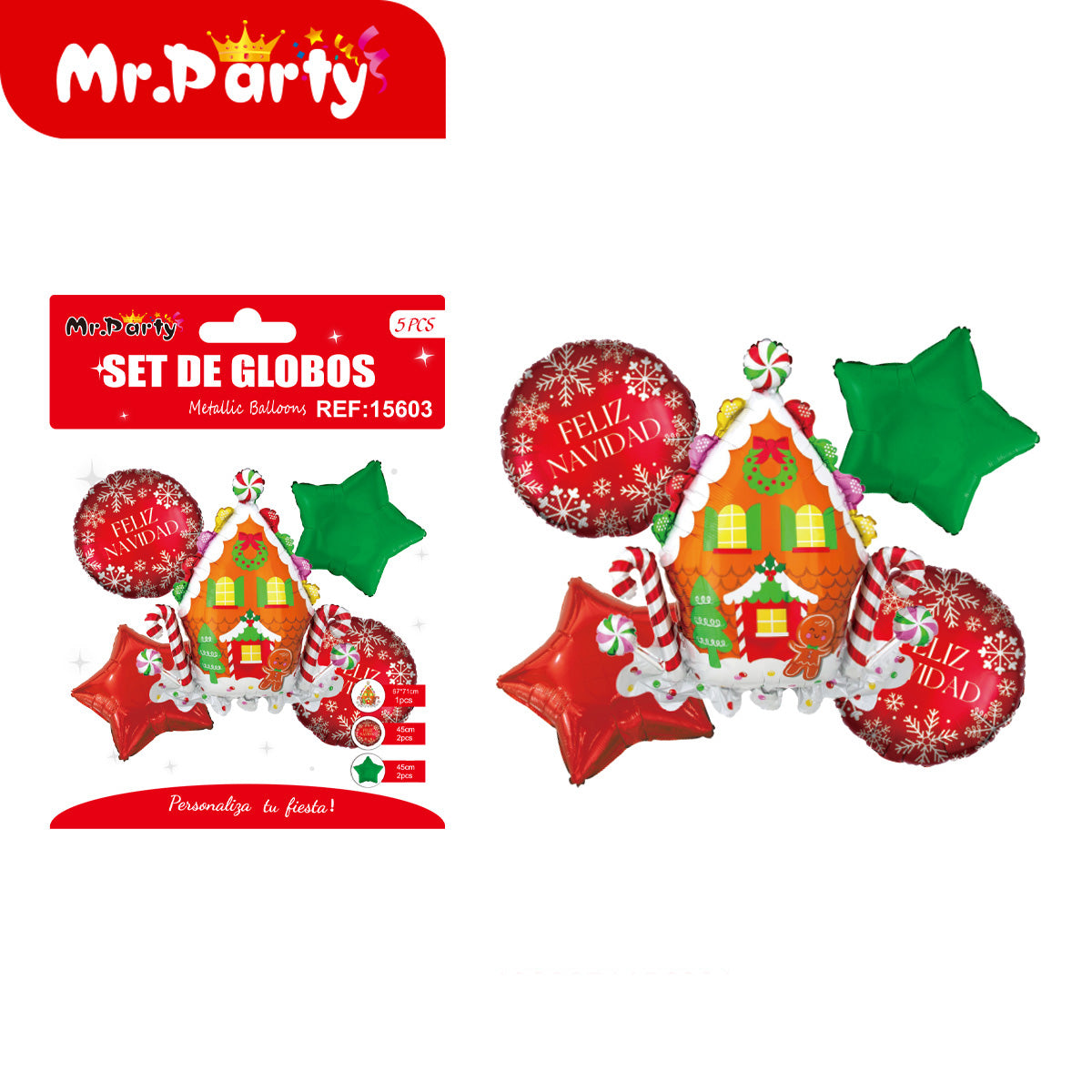 🎄 Set de Globos Metálicos Navideños 5 pzs Mr. Party – Santa, Reno y Dulces