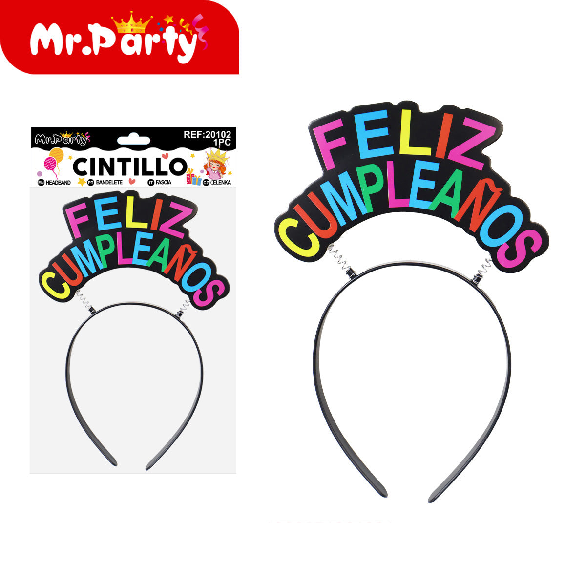 Cintillo Feliz Cumpleaños Mr. Party 🎉👑 | Diadema de Fiesta con Letras y Brillos (Varios Modelos)