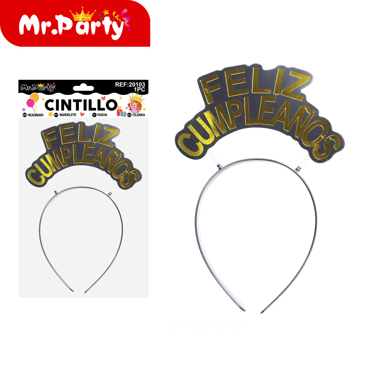 Cintillo Feliz Cumpleaños Mr. Party 🎉👑 | Diadema de Fiesta con Letras y Brillos (Varios Modelos)- Mayoreo 12 pzas