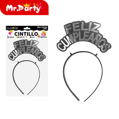 Cintillo Feliz Cumpleaños Mr. Party 🎉👑 | Diadema de Fiesta con Letras y Brillos (Varios Modelos)