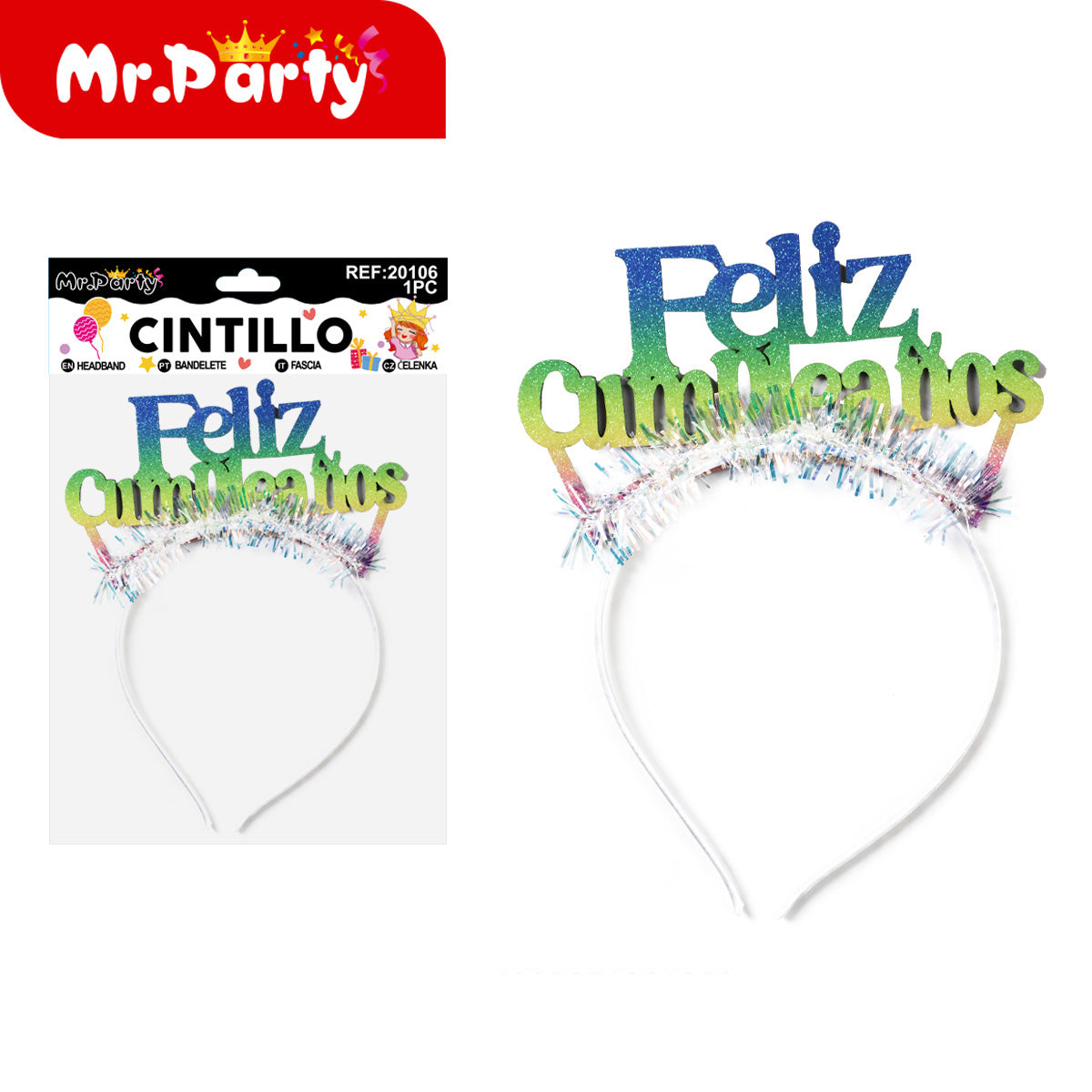 Cintillo Feliz Cumpleaños Mr. Party 🎉👑 | Diadema de Fiesta con Letras y Brillos (Varios Modelos)- Mayoreo 12 pzas