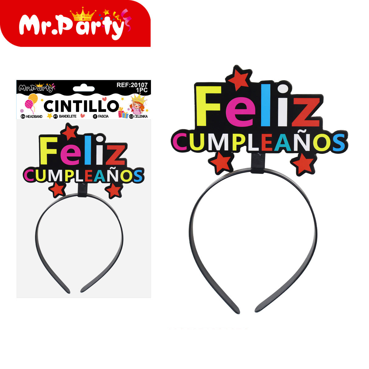 Cintillo Feliz Cumpleaños Mr. Party 🎉👑 | Diadema de Fiesta con Letras y Brillos (Varios Modelos)