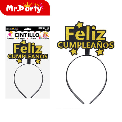 Cintillo Feliz Cumpleaños Mr. Party 🎉👑 | Diadema de Fiesta con Letras y Brillos (Varios Modelos)- Mayoreo 12 pzas