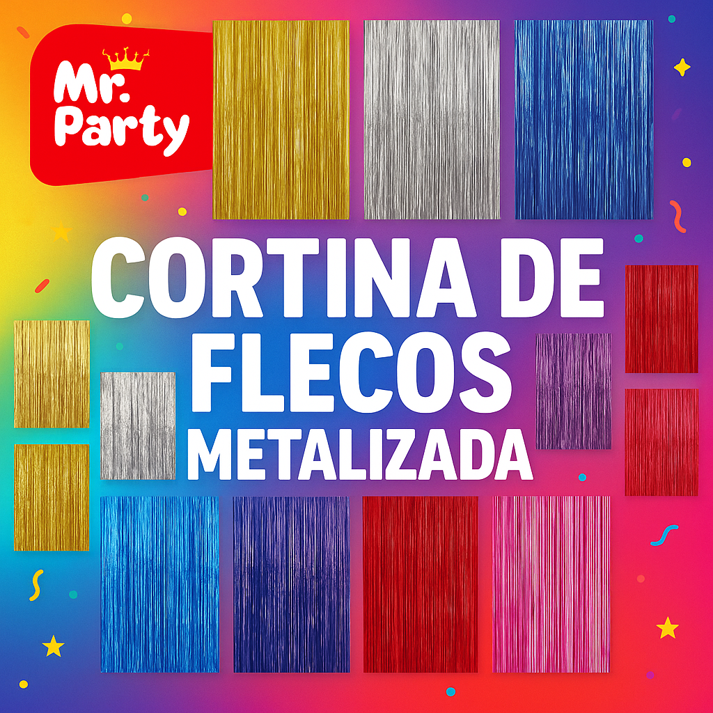 Cortina de Flecos Metalizada con holograma 1×2 m – Mr. Party