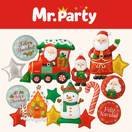 🎄 Set de Globos Metálicos Navideños 5 pzs Mr. Party – Santa, Reno y Dulces