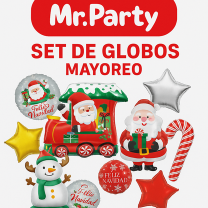 🎄 Set de Globos Metálicos Navideños 5 pzs Mr. Party  Mayoreo 12pzas– Santa, Reno y Dulces