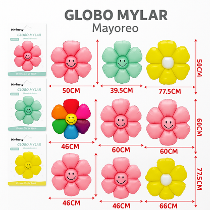 🌸 Globo Mylar Flor Sonriente Mr. Party- 12 pzas – Colores Surtidos