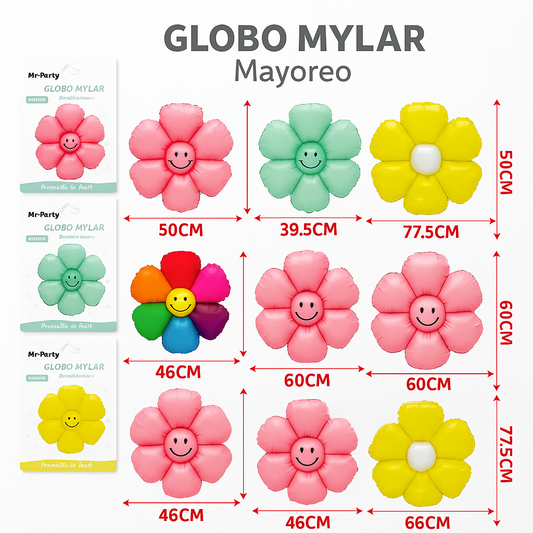 🌸 Globo Mylar Flor Sonriente Mr. Party- 12 pzas – Colores Surtidos
