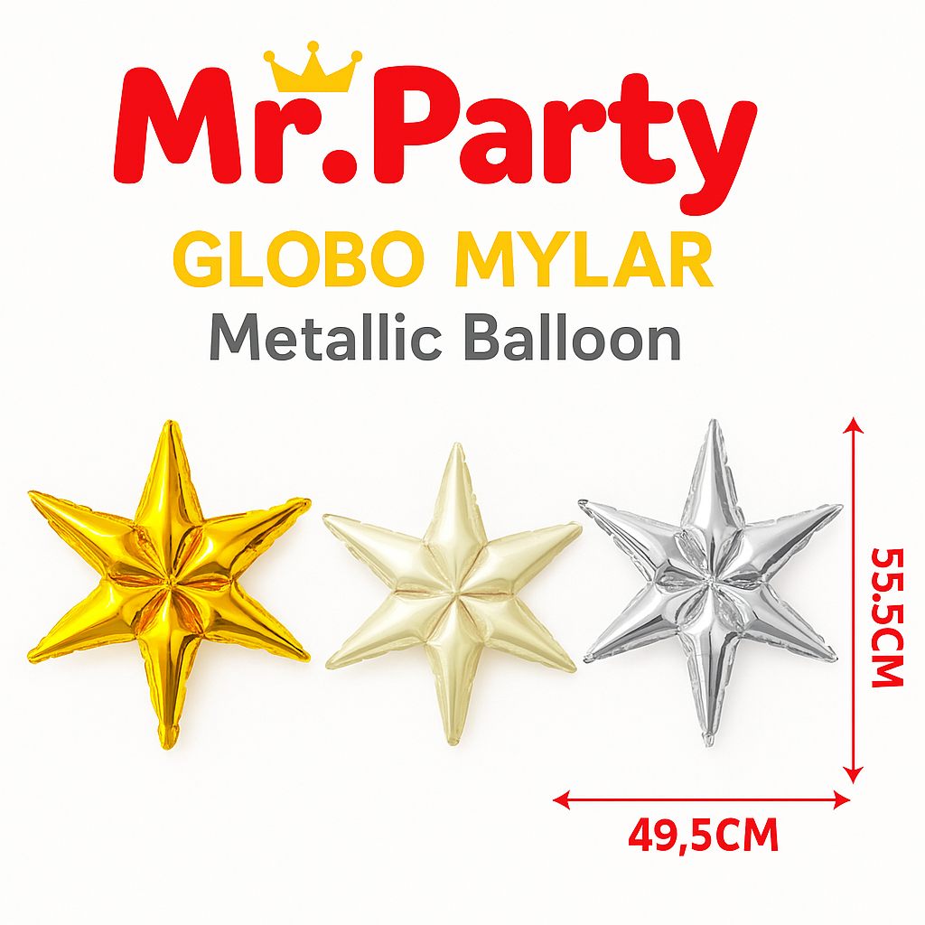 ⭐ Globo Mylar Estrella 6 Puntas 55.5 cm x 49.5cm – Dorado, Champagne y Plata