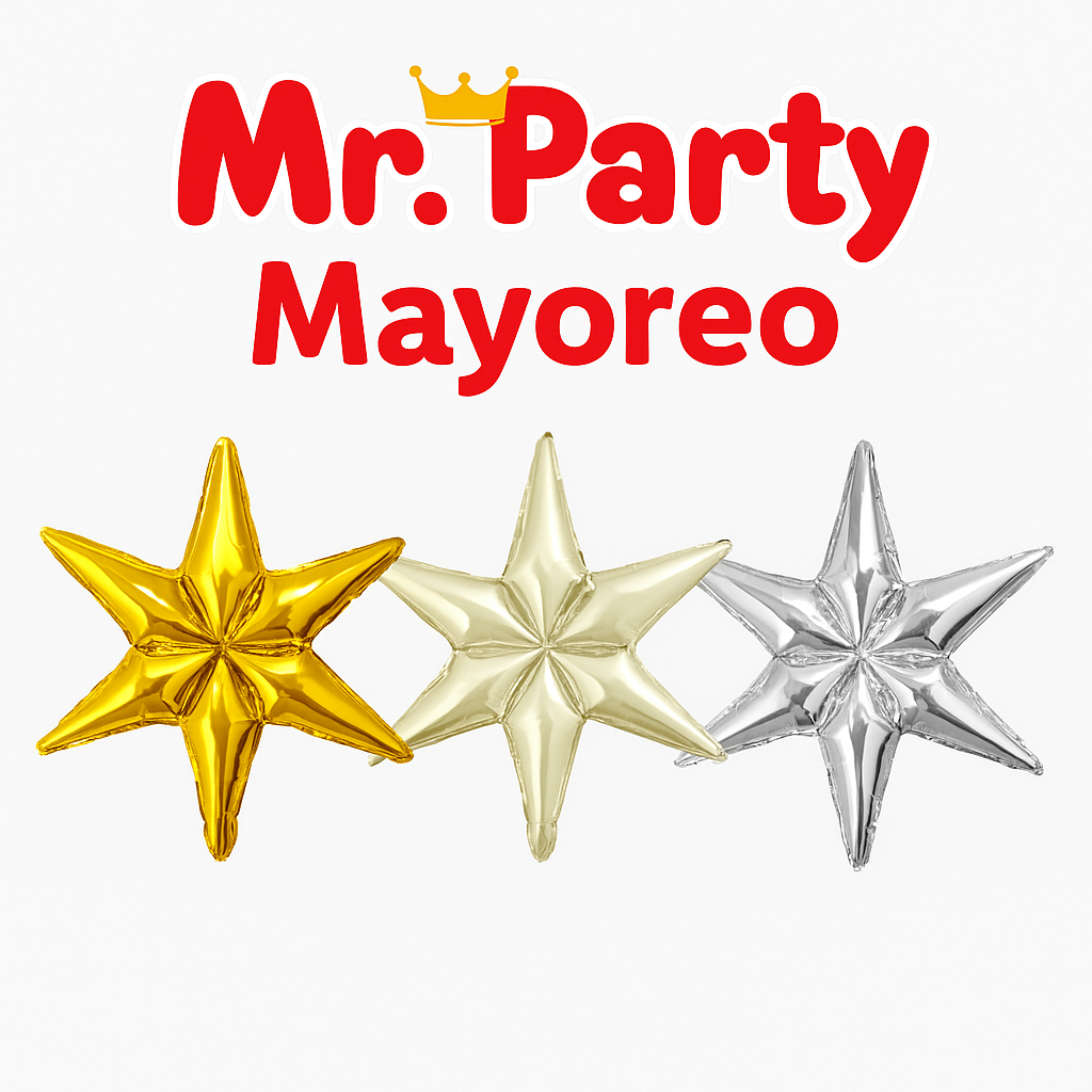⭐ Globo Mylar Estrella 6 Puntas 55.5 cm x 49.5cm – 12 pzas -Dorado, Champagne y Plata