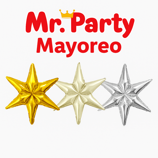 ⭐ Globo Mylar Estrella 6 Puntas 55.5 cm x 49.5cm – 12 pzas -Dorado, Champagne y Plata