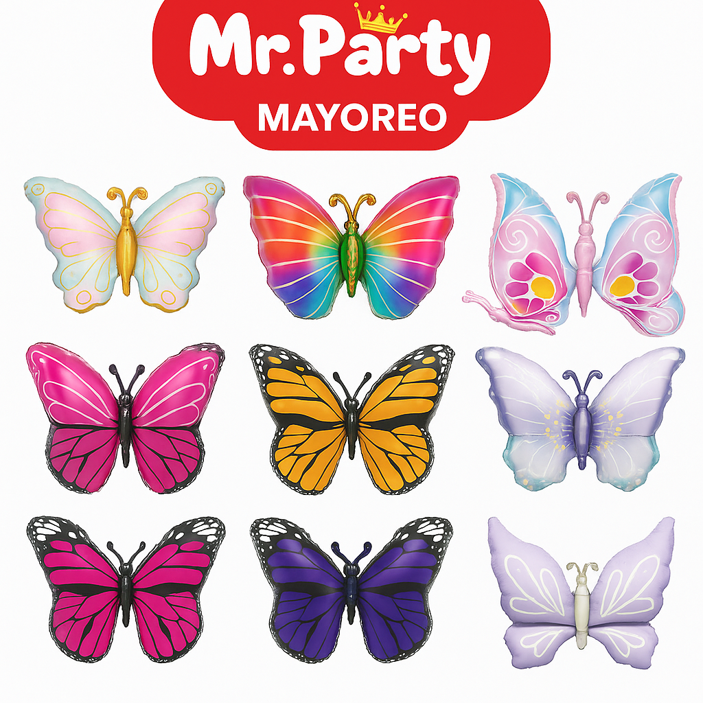 🦋 Globo Mylar Mariposa Gigante Mr. Party – 12 pzas - Colores Pastel y Monarca