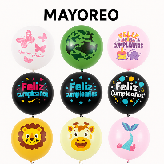 🎈 Globos Látex 30 cm Mr. Party con 5 globos Mayoreo 12pzas– Diseños Infantiles y Feliz Cumpleaños