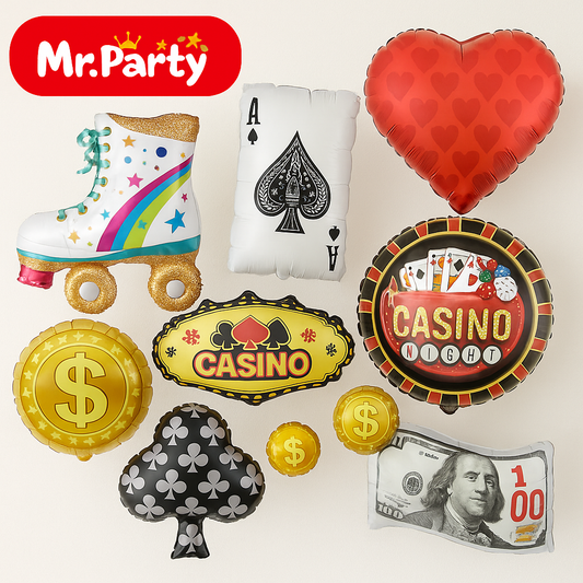 🎉 Globos Mylar Casino & Dinero Mr. Party – Billetes, Cartas, Corazones y Más ✨