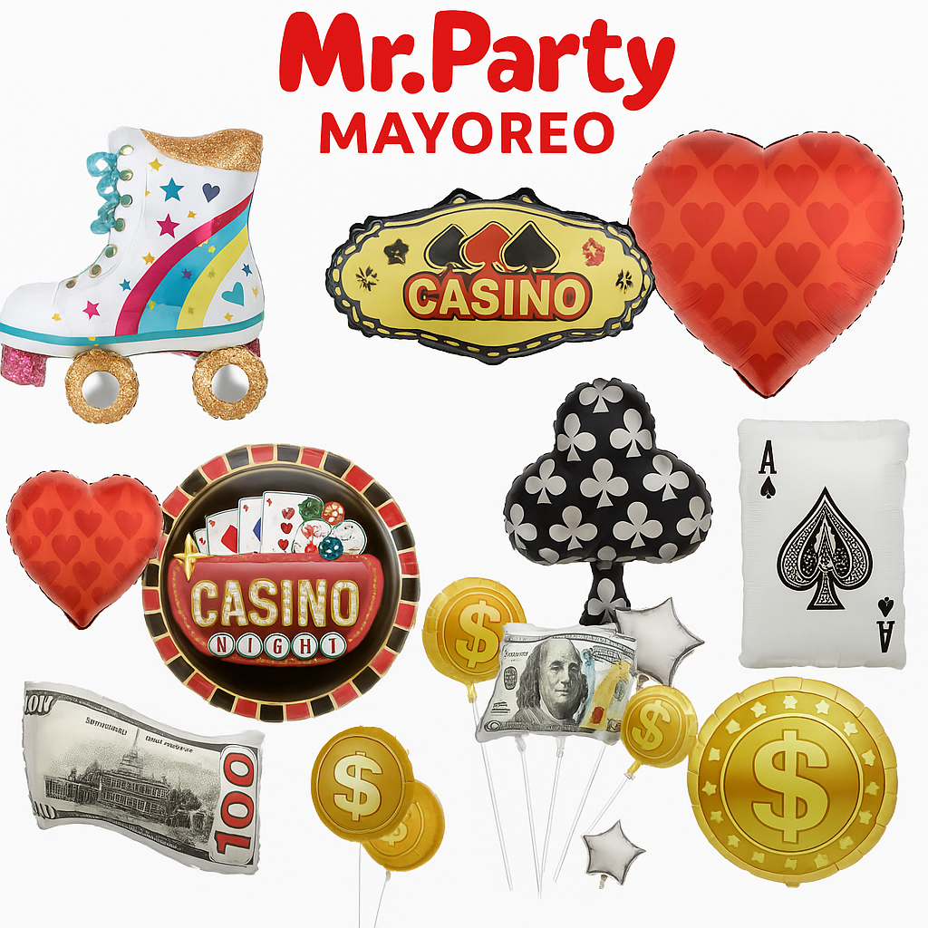 🎉 Globos Mylar Casino & Dinero Mr. Party – Mayoreo 12 pzas Billetes, Cartas, Corazones y Más ✨