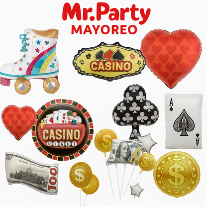 🎉 Globos Mylar Casino & Dinero Mr. Party – Mayoreo 12 pzas Billetes, Cartas, Corazones y Más ✨