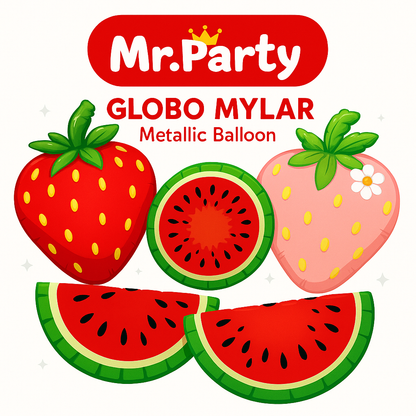 🍓🍉 Globos Mylar Frutas Fresa & Sandía 45–65 cm – Fiesta Tropical Mr. Party 🌴