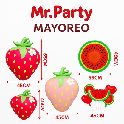 🍓🍉 Globos Mylar Frutas Fresa & Sandía 45–65 cm –Mayoreo 12 pzas - Fiesta Tropical Mr. Party 🌴