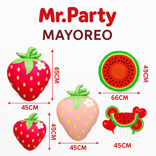 🍓🍉 Globos Mylar Frutas Fresa & Sandía 45–65 cm –Mayoreo 12 pzas - Fiesta Tropical Mr. Party 🌴