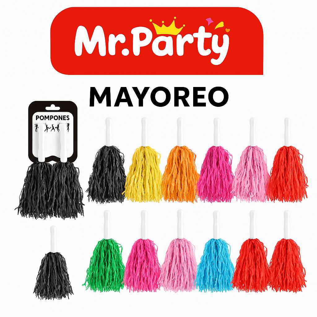 🎉 Pompones de Animación Mr. Party 🎊- Mayoreo 12 pzas | Colores Súper Vivos para Porristas y Fiestas 🥳