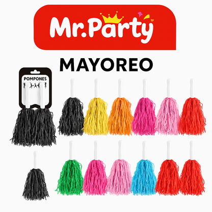 🎉 Pompones de Animación Mr. Party 🎊- Mayoreo 12 pzas | Colores Súper Vivos para Porristas y Fiestas 🥳