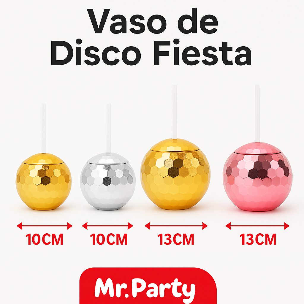 Vaso Esfera Disco Metálico con Popote Mr. Party
