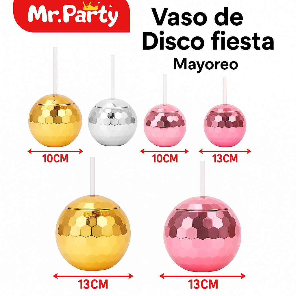 Vaso Esfera Disco Metálico con Popote Mayoreo 6 pzas Mr. Party