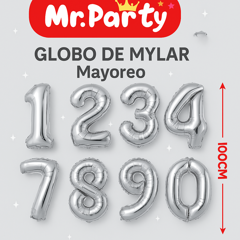 Globo Número plateado 100cm –Mayoreo 12 pzas - Mylar Metálico Mr. Party
