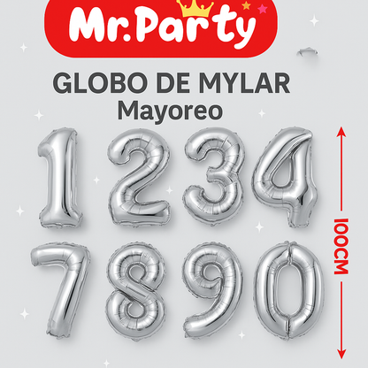 Globo Número plateado 100cm –Mayoreo 12 pzas - Mylar Metálico Mr. Party