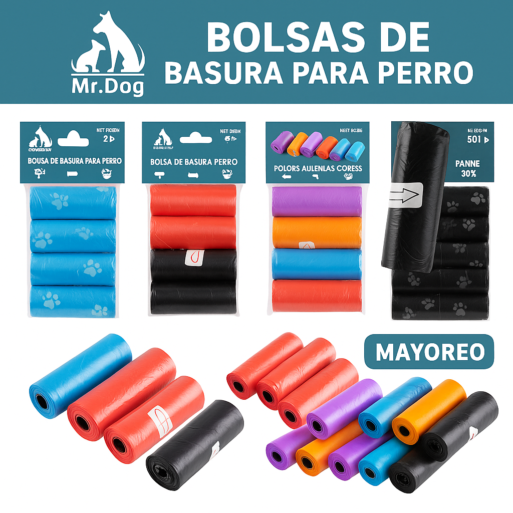 Bolsas para Popó de Perro Mr. Dog – Rollos Surtidos Súper Resistentes - Mayoreo 6 - 12 pzas  (Color Aleatoreo)🐾