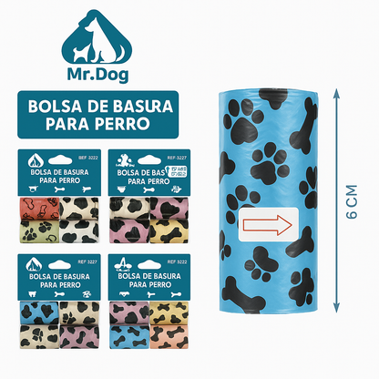 Bolsas para Popó con Diseños Divertidos Mr. Dog – 5 Rollos x 75 Bolsas 🐾