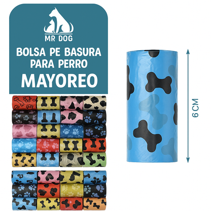 Bolsas para Popó con Diseños Divertidos Mr. Dog – 5 Rollos x 75 Bolsas Mayoreo 12 pzas 🐾